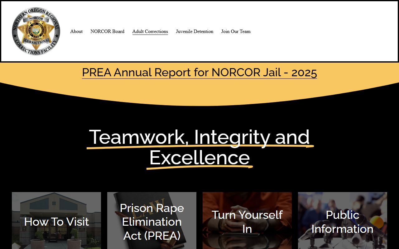 NORCOR Adult Corrections page with adult facility contact and roster link