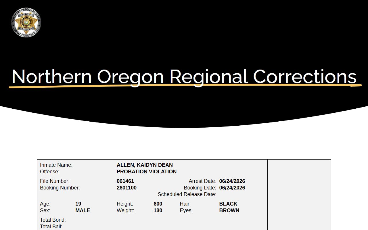 Gilliam County inmate records NORCOR adult in custody profile fields